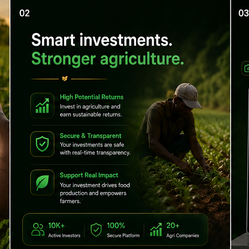 Farmer in a field at golden hour with AgriStock returns, security, and impact stats.