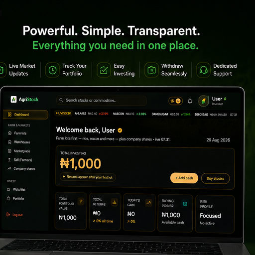 AgriStock desktop dashboard on a laptop: portfolio, tape, and Naira wallet.