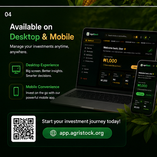 Desktop and mobile AgriStock desk with a QR code to app.agristock.org.