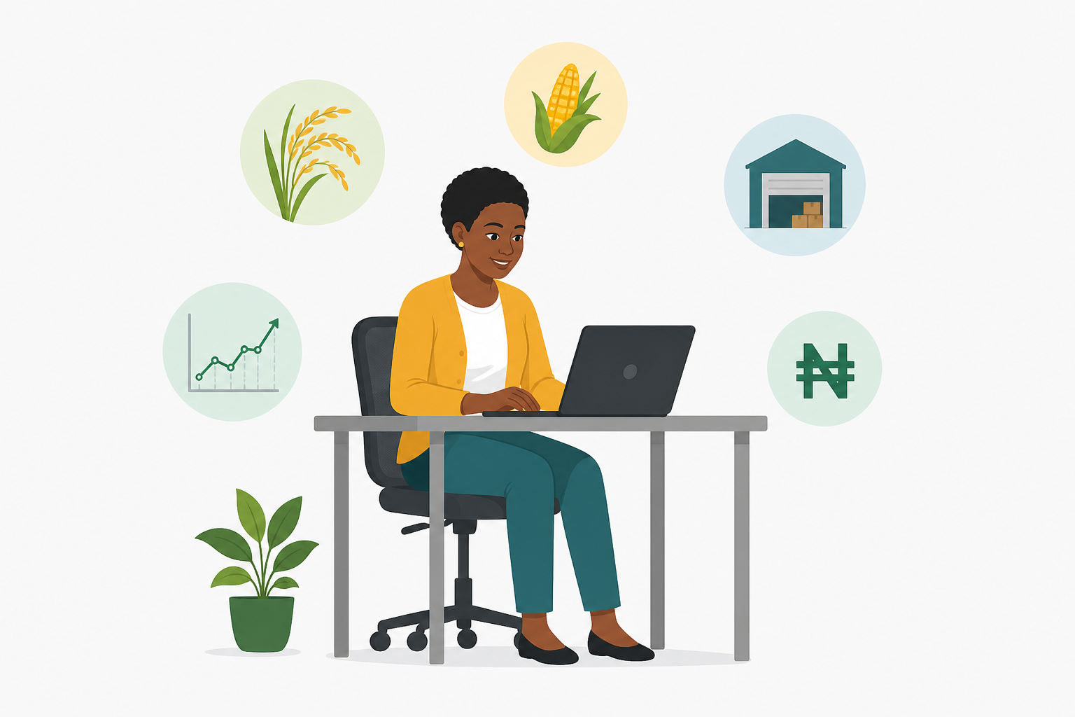 Illustrated AgriStock user at a desk with crop and market icons